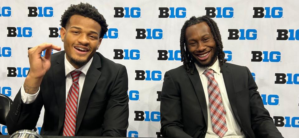 Ohio State's Roddy Gayle (left) and Bruce Thornton joke with each other at Big Ten media day at the Target Center in Minneapolis on Oct. 10, 2023.