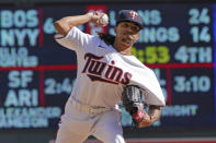 Minnesota Twins pitcher Ronny Henriquez throws in relief against the Los Angeles Angels in the fourth inning of a baseball game, Sunday, Sept 25, 2022, in Minneapolis. (AP Photo/Jim Mone)
