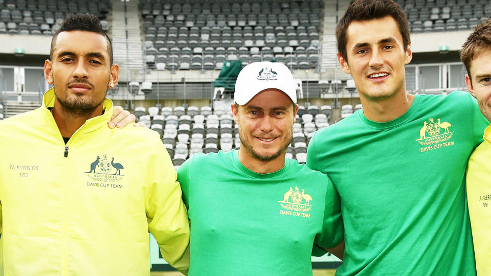 Nick Kyrgios, Lleyton Hewitt and Bernard Tomic, pictured here in 2016.