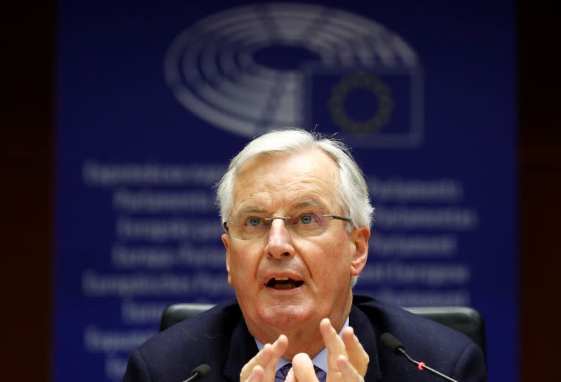 Barnier, EU Commission's Head of Task Force for Relations with Britain, speaks in Brussels