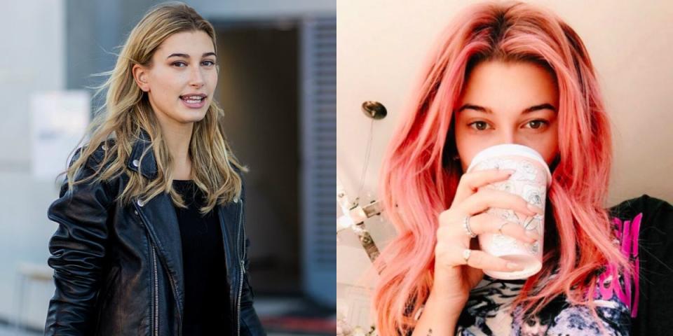 <p>Le jeune mannequin de 19 ans a dit adieu à ses cheveux blonds dorés habituels, préférant opter pour une teinte rose bonbon à effet dégradé. <em>(Photo : Getty/Instagram/November 2016)</em> </p>