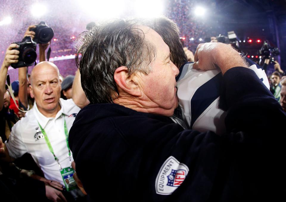 GLENDALE, AZ - FEBRUARY 01:  Tom Brady #12 of the New England Patriots celebrates with head coach Bill Belichick after defeating the Seattle Seahawks 28-24 during Super Bowl XLIX at University of Phoenix Stadium on February 1, 2015 in Glendale, Arizona.  (Photo by Christian Petersen/Getty Images)