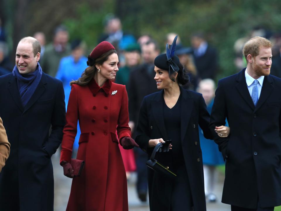 Prince William, Kate Middleton, Meghan Markle, and Prince Harry attend Christmas Day Church service at Church of St Mary Magdalene on the Sandringham estate on December 25, 2018 in King's Lynn, England.