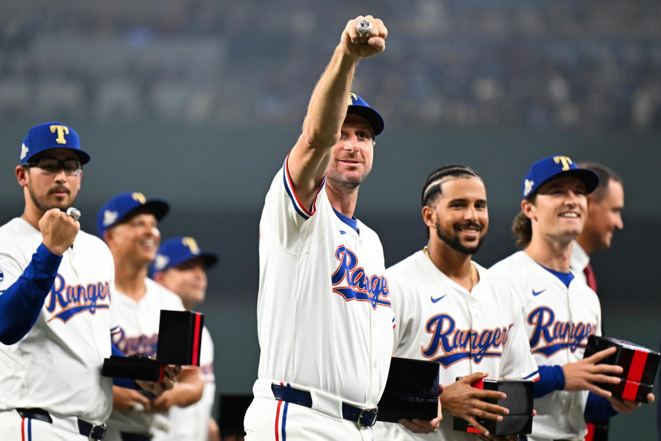 ARLINGTON, TX - MARCH 30:  Max Scherzer #31 of the Texas Rangers displays his World Series Championship ring prior to the game between the Chicago Cubs and the Texas Rangers at Globe Life Field on Saturday, March 30, 2024 in Arlington, Texas. (Photo by Sean Berry/MLB Photos via Getty Images)