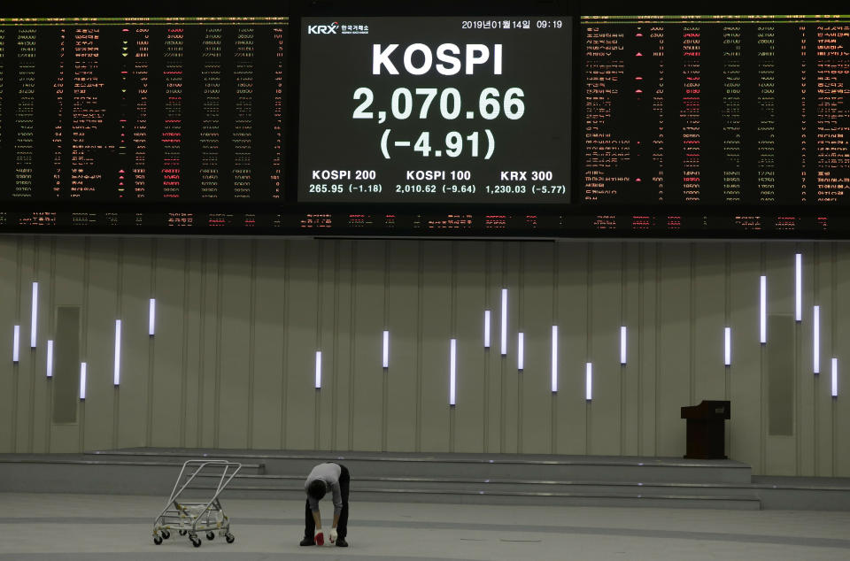 A worker checks the floor near the screen showing the Korea Composite Stock Price Index (KOSPI) at the Korea Exchange in Seoul, South Korea, Monday, Jan. 14, 2019. Shares were lower in Asia on Monday, extending the latest losses on Wall Street, as China reported a slowdown in exports. (AP Photo/Lee Jin-man)