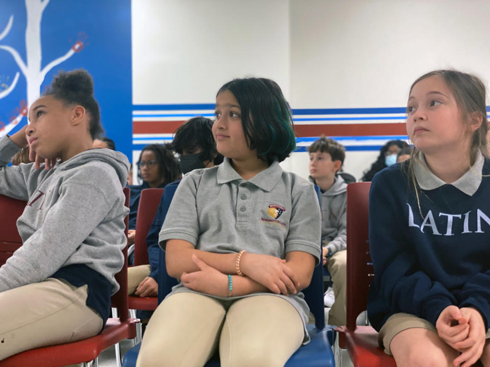 Washington Latin students listen during an assembly. (Andrew Brownstein/The 74)