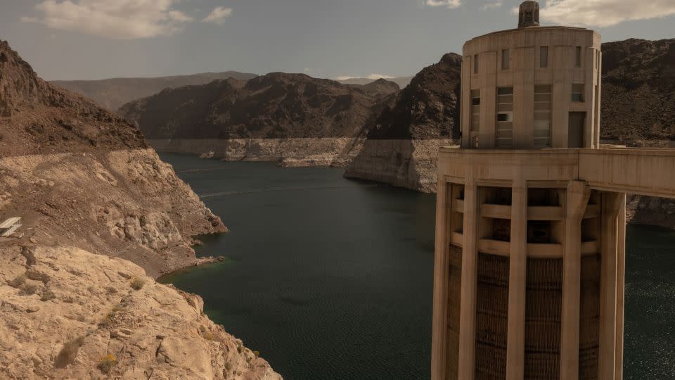 The "bathtub ring," indicating the height that water once reached,  along the banks of Lake Mead near Boulder City, Nevada, on April 3, 2023. - Will Lanzoni/CNN
