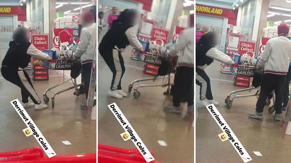 A scuffle between a Coles customer and a security guard was filmed at Derrimut Village in Victoria. Source: Facebook