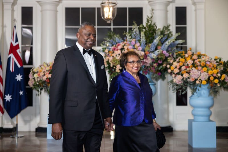 Lloyd Austin, cecretary of Defense, and his wife, Charlene Austin, arrive for the state dinner in honor of Australian Prime Minister Anthony Albanese at the White House in Washington, D.C. on Wednesday. Photo by Tierney Cross/UPI