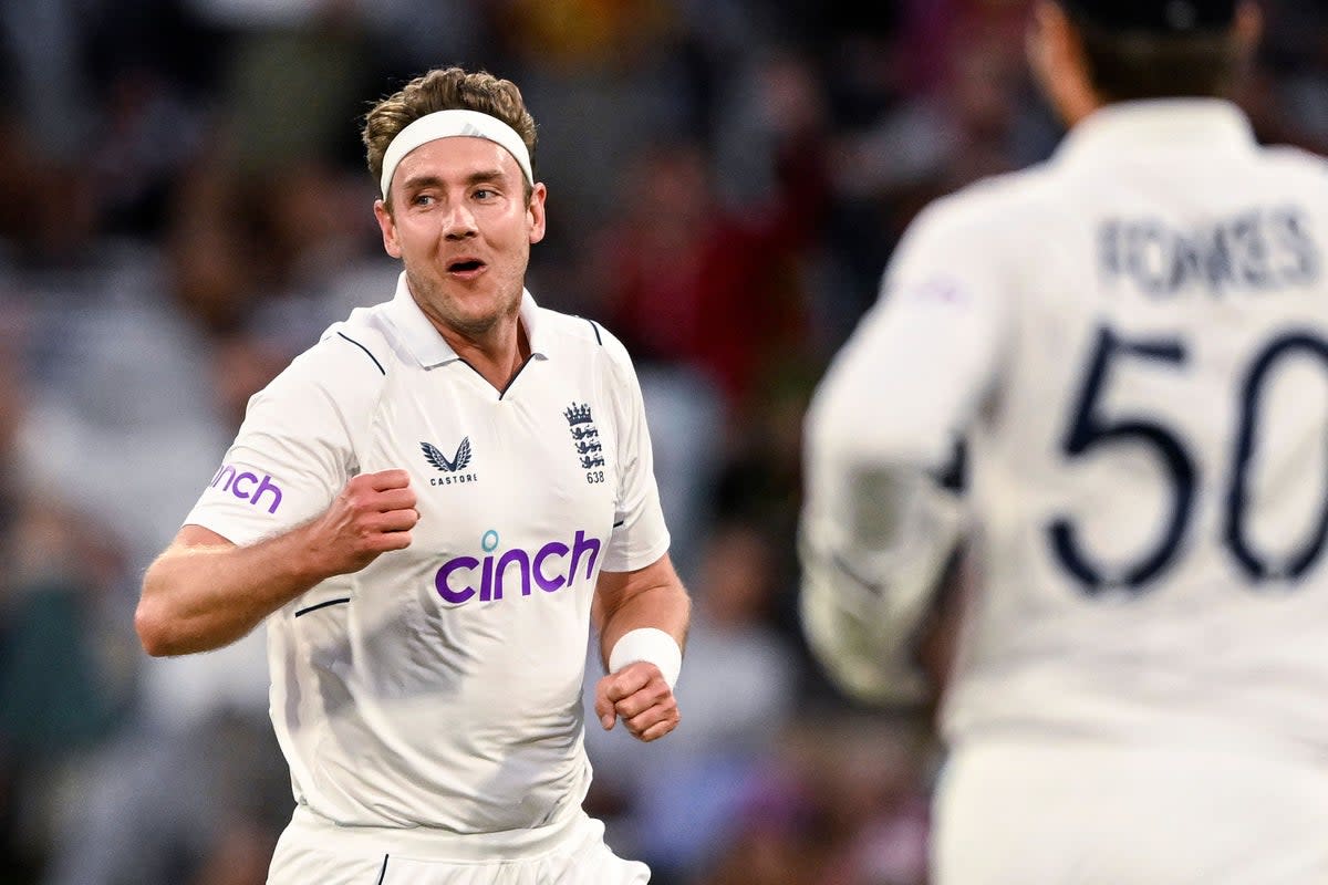Stuart Broad celebrates taking the wicket of New Zealand’s Kane Williamson (Andrew Cornaga/Photosport via AP) (AP)