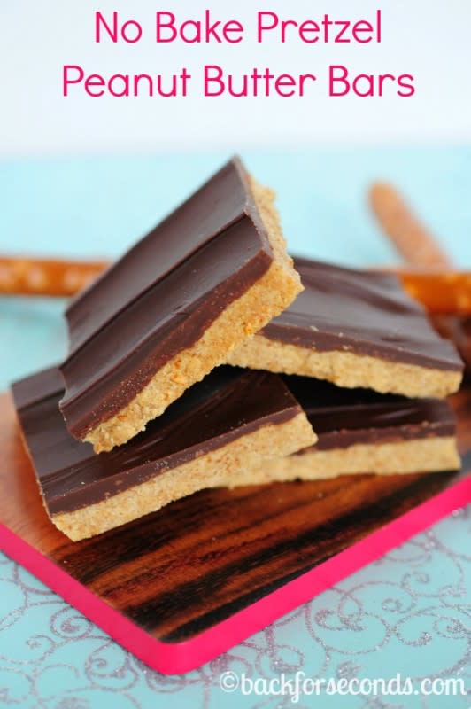 <p>Back For Seconds</p><p>This is an easy sweet and salty dessert that can be made in minutes, and everyone loves these! </p><p><strong>Get the recipe: <a href="https://backforseconds.com/no-bake-pretzel-peanut-butter-bars/" rel="nofollow noopener" target="_blank" data-ylk="slk:No-Bake Pretzel Peanut Butter Bars;elm:context_link;itc:0;sec:content-canvas" class="link rapid-noclick-resp">No-Bake Pretzel Peanut Butter Bars</a></strong></p>