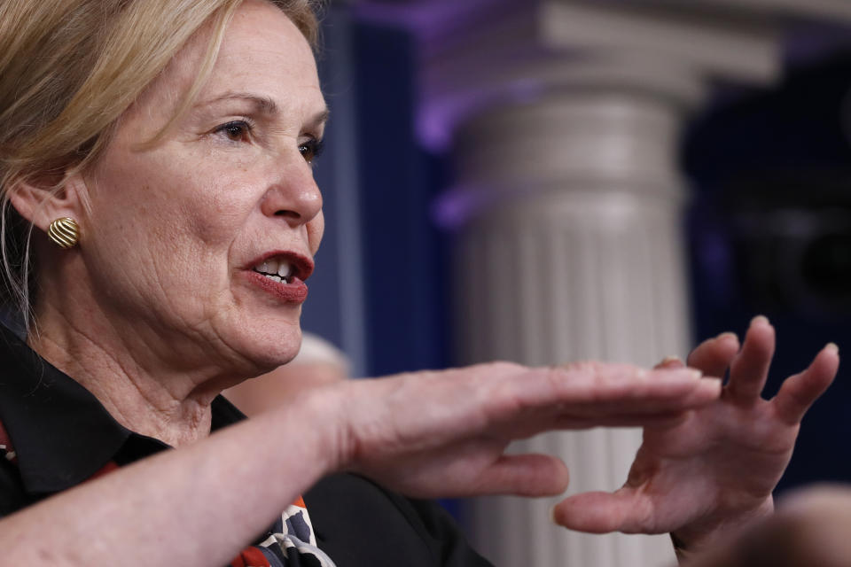 Dr. Deborah Birx, White House coronavirus response coordinator, speaks about the coronavirus in the James Brady Briefing Room, Thursday, March 26, 2020, in Washington. (AP Photo/Alex Brandon)