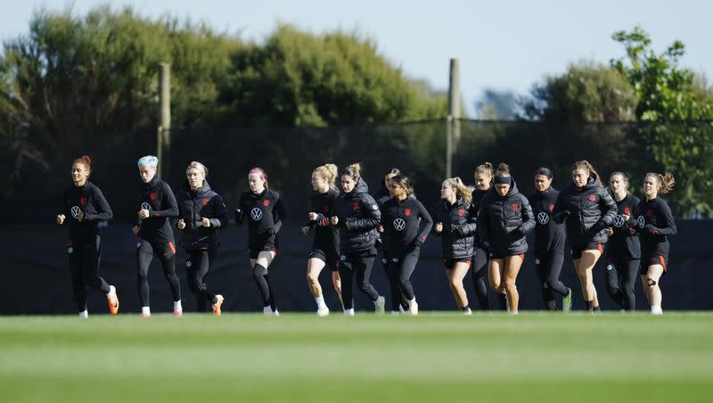 United States players jog across the field during a FIFA Women’s World Cup team practice at Bay City Park in Auckland, New Zealand, Saturday, July 29, 2023. The U.S. plays Portugal at 1 a.m. MDT Tuesday.