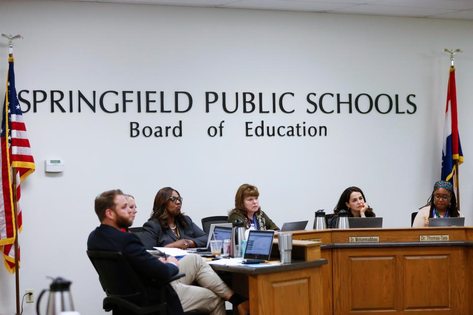 The Springfield Public Schools Board, with new members, meeting on Tuesday, April 12, 2022.