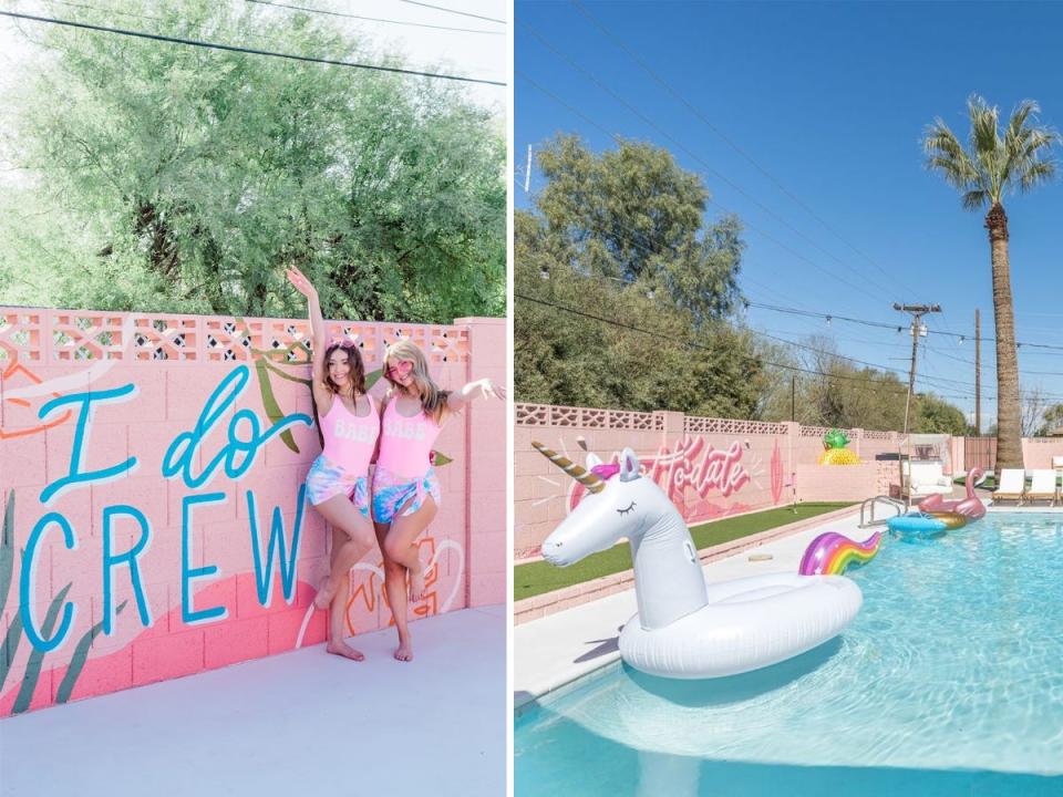 A side-by-side by women in front of a mural that says "I do crew" and a pool.