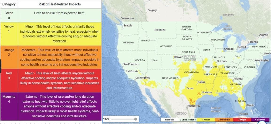 The National Weather Service and Centers for Disease Control and Prevention worked together to create a new heat risk impact map. This map shows the heat risk nationwide for Friday, April 26, 2024.