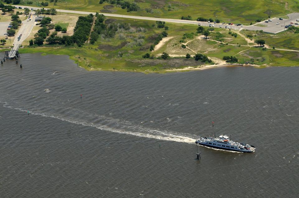 Aerial photo of the Southport Fort Fisher Ferry crossing the Cape Fear River.