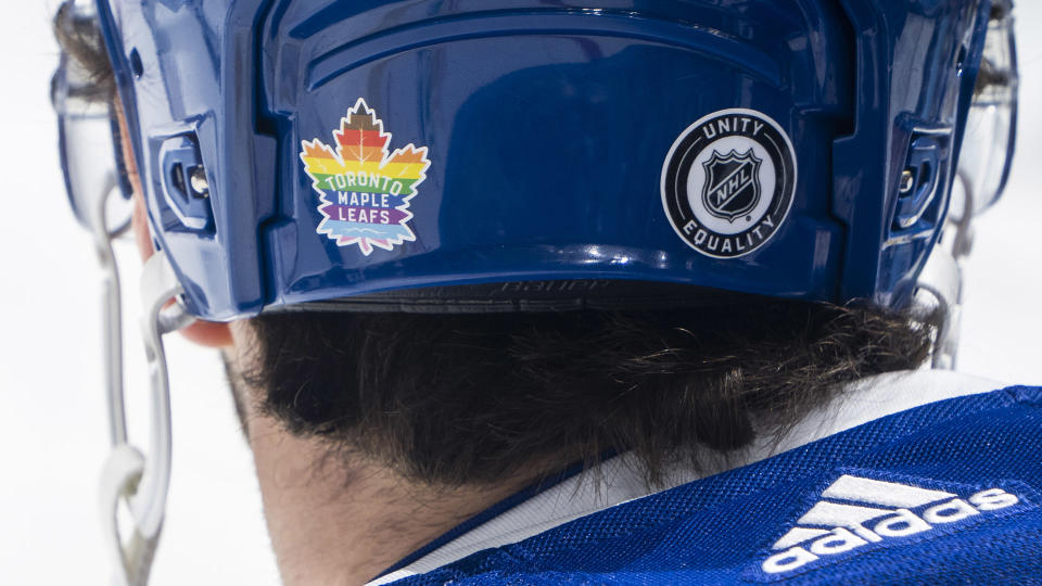 The Toronto Maple Leafs will wear Pride-themed decals on their helmet when they host their annual Pride Night on Tuesday. (Photo by Mark Blinch/NHLI via Getty Images)