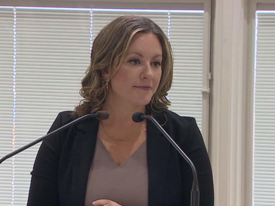 UCP leadership candidate Rebecca Schulz takes questions from reporters at her campaign launch in Calgary on June 14, 2022. (Mike Symington/CBC - image credit)