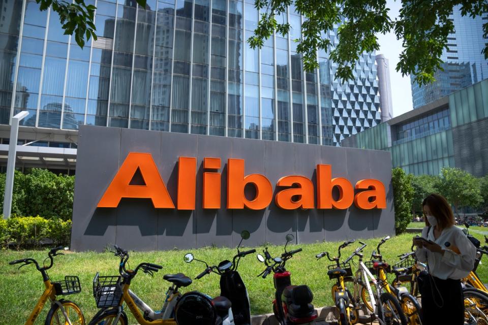 File. The logo of Chinese technology firm Alibaba is seen at its office in Beijing on 10 August 2021 (Associated Press)