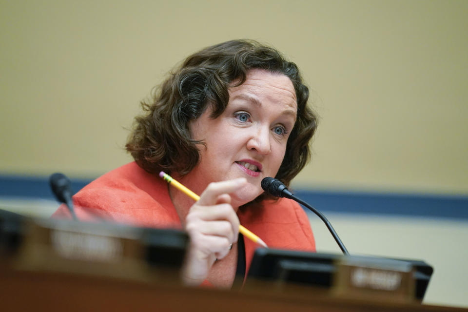 FILE- Rep. Katie Porter, D-Calif., speaks during a House Committee on Oversight and Reform hearing on gun violence on Capitol Hill in Washington, Wednesday, June 8, 2022. . In California, Porter's decision to enter a crowded Democratic primary seeking to replace retiring Sen. Dianne Feinstein has opened the state's competitive 47th Congressional District. (AP Photo/Andrew Harnik, Pool, File)