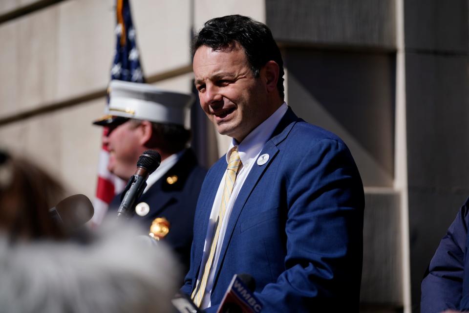 Andre Sayegh, mayor of Paterson, speaks during the Ukrainian flag raising at the Paterson City Hall on Monday, Feb. 28, 2022.