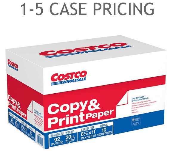 Box of copy and print paper with caption about case pricing.