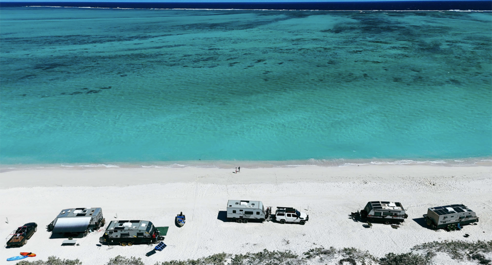 14 Mile Beach in WA with a group of caravans. 