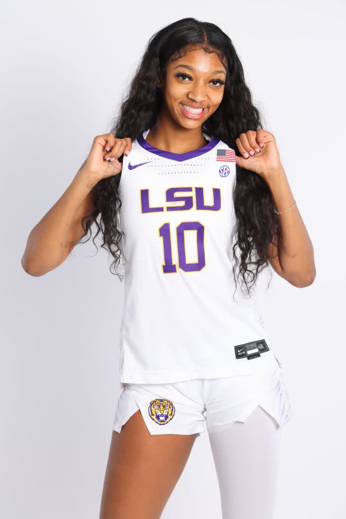 angel reese 10 of the lsu lady tigers during media day at 2023 ncaa womens basketball final four