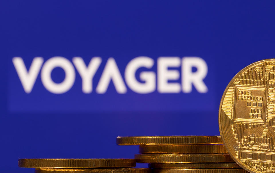 Representations of cryptocurrencies and Voyager Digital logo are seen in this illustration taken, July 7, 2022. REUTERS/Dado Ruvic/Illustrations