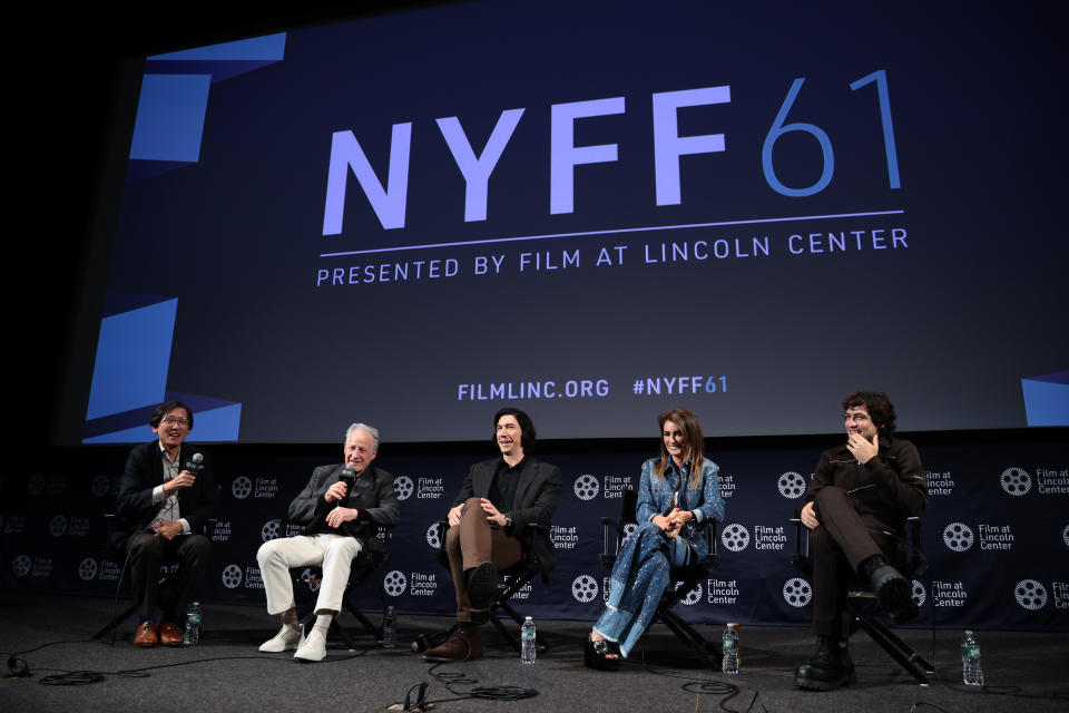 (L-R) Dennis Lim, Michael Mann, Adam Driver, Penélope Cruz and Gabriel Leone attend the "Ferrari" press conference during the 61st New York Film Festival -at Walter Reade Theater on October 13, 2023 in New York City.
