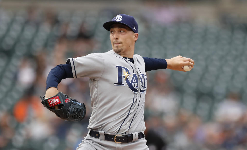 Tampa Bay Rays starting pitcher Blake Snell throws during the first inning of the team's baseball game against the Detroit Tigers, Tuesday, June 4, 2019, in Detroit. (AP Photo/Carlos Osorio)