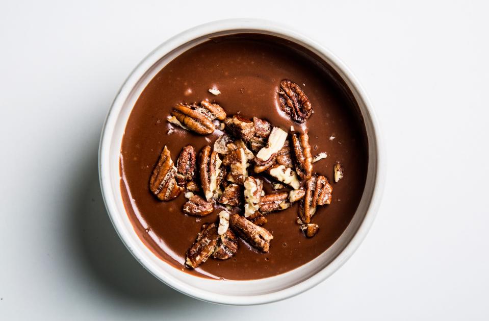 Warm Cocoa Pudding With Candied Pecans