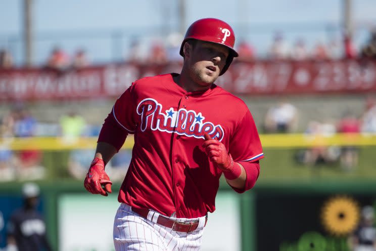 The Phillies aren't going to be quick in calling up top prospect Rhys Hoskins. (AP) 