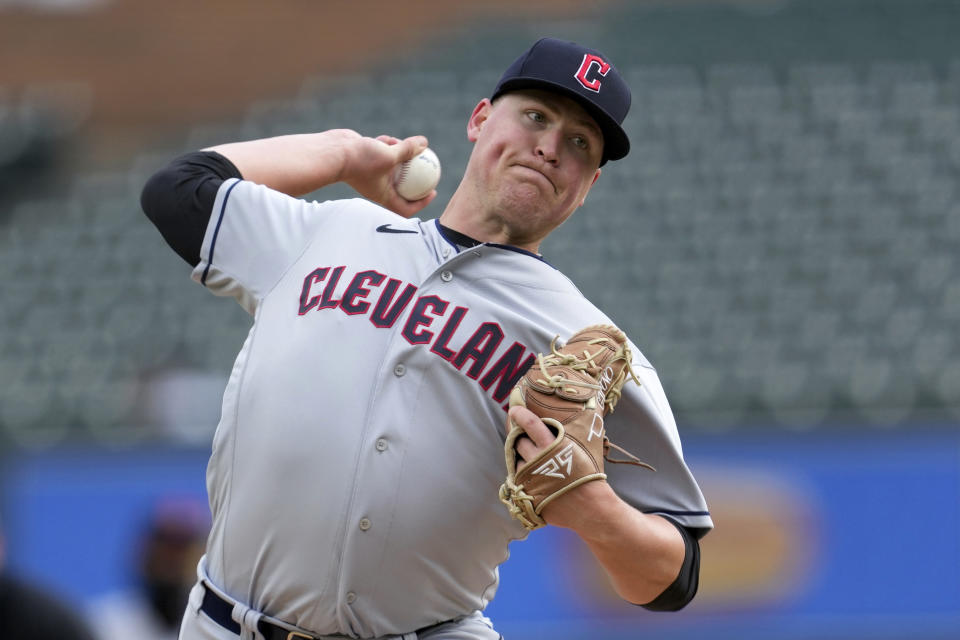 Cleveland Guardians pitcher Peyton Battenfield throws against the Detroit Tigers in the second inning of the second game of a doubleheader baseball game in Detroit, Tuesday, April 18, 2023. (AP Photo/Paul Sancya)