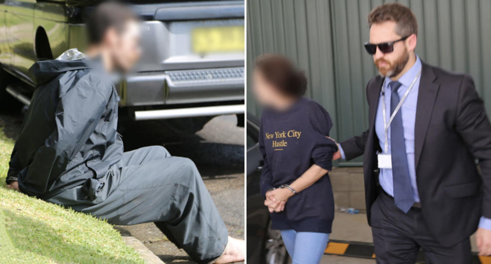 A man sits on the grass in handcuffs and a woman is also seen handcuffed while being escorted by a NSW Police detective.