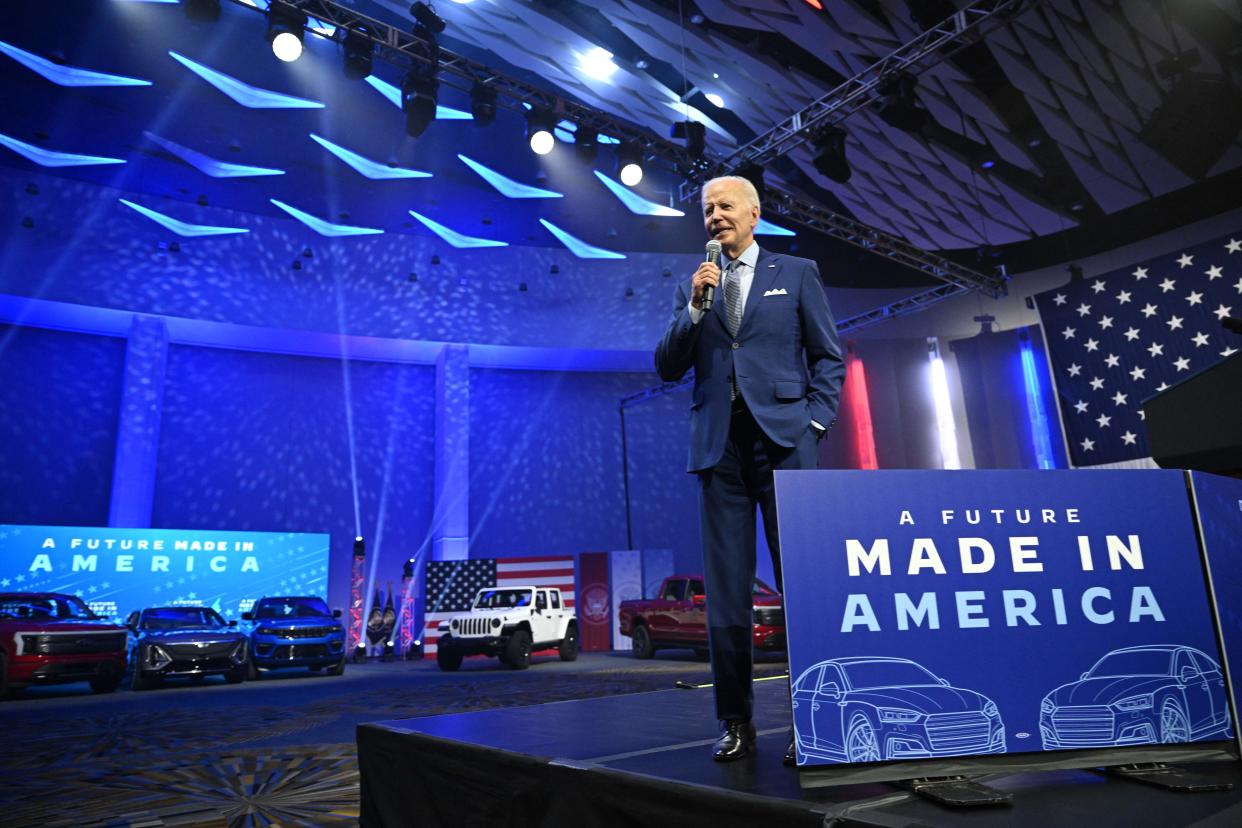 US President Joe Biden speaks at the Detroit Auto Show in Michigan, on September 14, 2022. - Biden is visiting the auto show to highlight electric vehicle manufacturing. (Photo by MANDEL NGAN / AFP) (Photo by MANDEL NGAN/AFP via Getty Images)