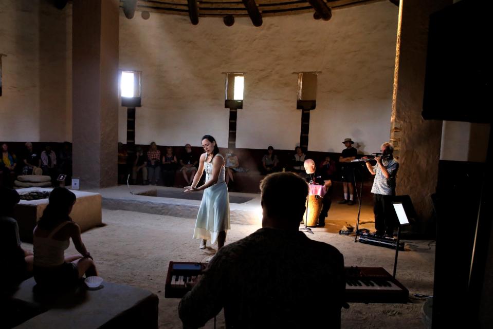 Members of a New Mexico Families and Community Engagement Solutions troupe perform on Friday, Aug, 25 in the Great Kiva at Aztec Ruins National Monument.