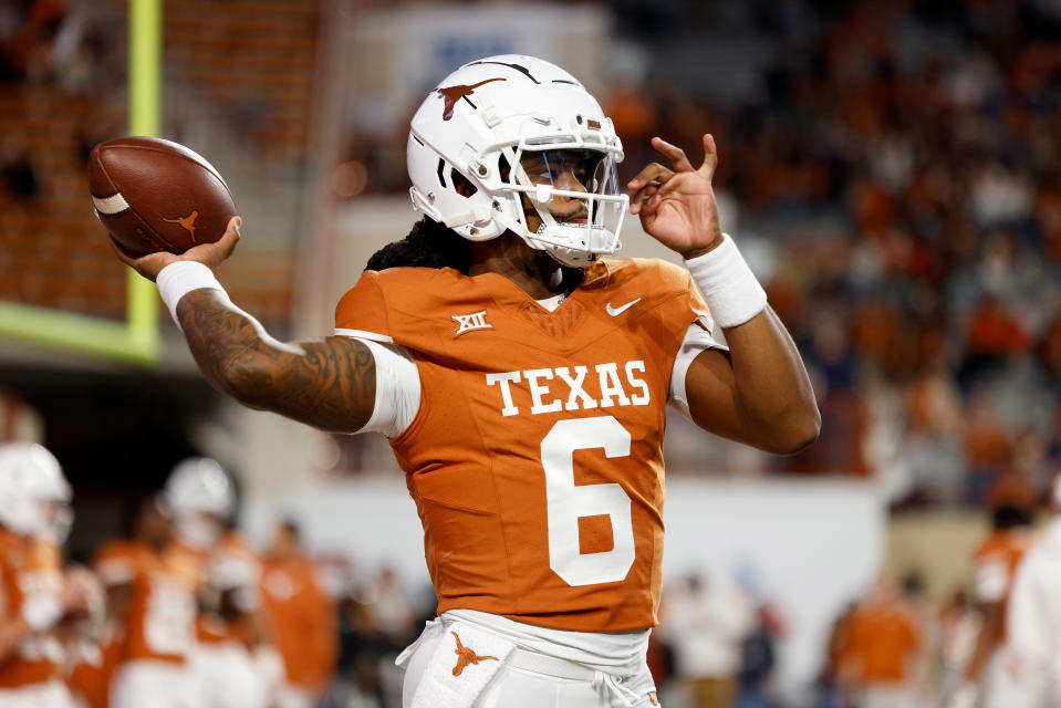 AUSTIN, TEXAS - NOVEMBER 24: Maalik Murphy #6 of the Texas Longhorns warms up before the game against the Texas Longhorns at Darrell K Royal-Texas Memorial Stadium on November 24, 2023 in Austin, Texas. (Photo by Tim Warner/Getty Images)