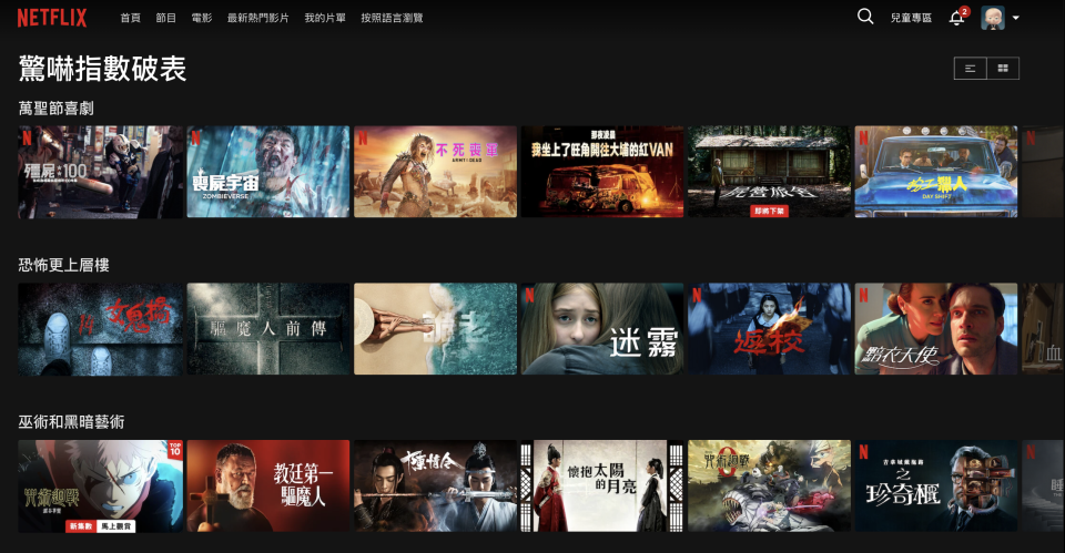 Netflix「驚嚇指數破表專區」- 「萬聖節喜劇」、「恐怖更上層樓」、「巫術和黑暗藝術」（Netflix網站截圖）