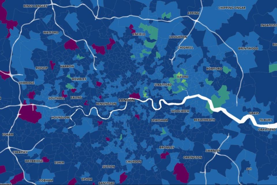 Areas of London by case rates, with darker areas representing higher case rates (ONS)