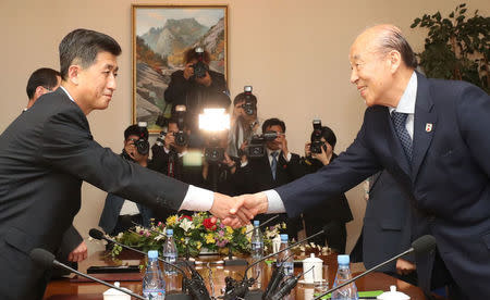 South Korea's delegation leader Park Kyung-seo, head of the Korean Red Cross, and North Korea's delegation leader Pak Yong-il, vice chairman of the Committee for the Peaceful Reunification of the Country, shake hands during their meeting at a hotel on Mount Kumgang, North Korea, June 22, 2018. Yonhap via REUTERS