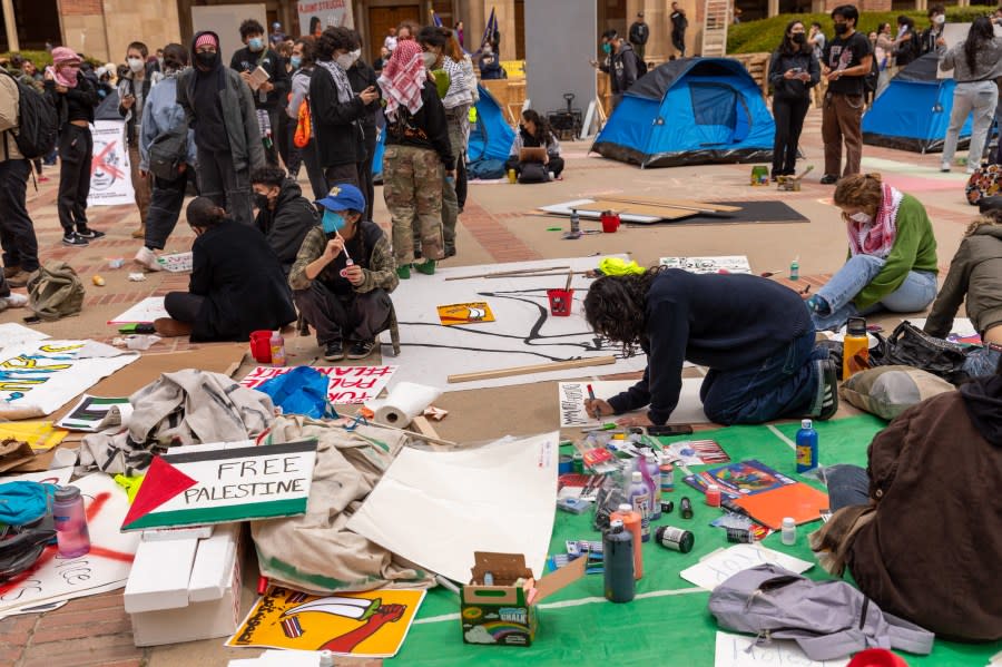 LOS ANGELES, CALIFORNIA – APRIL 25: Students encampment protest at the University of California, Los Angeles in solidarity with Palestinian people, in Los Angeles, California, United States on April 25, 2024. (Photo by Grace Yoon/Anadolu via Getty Images)