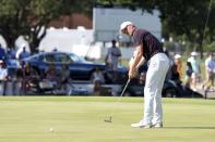 Jordan Spieth putts on the 18th green during the third round of the Charles Schwab Challenge golf tournament at Colonial Country Club, Saturday, May 28, 2022, in Fort Worth, Texas. (AP Photo/Emil Lippe)