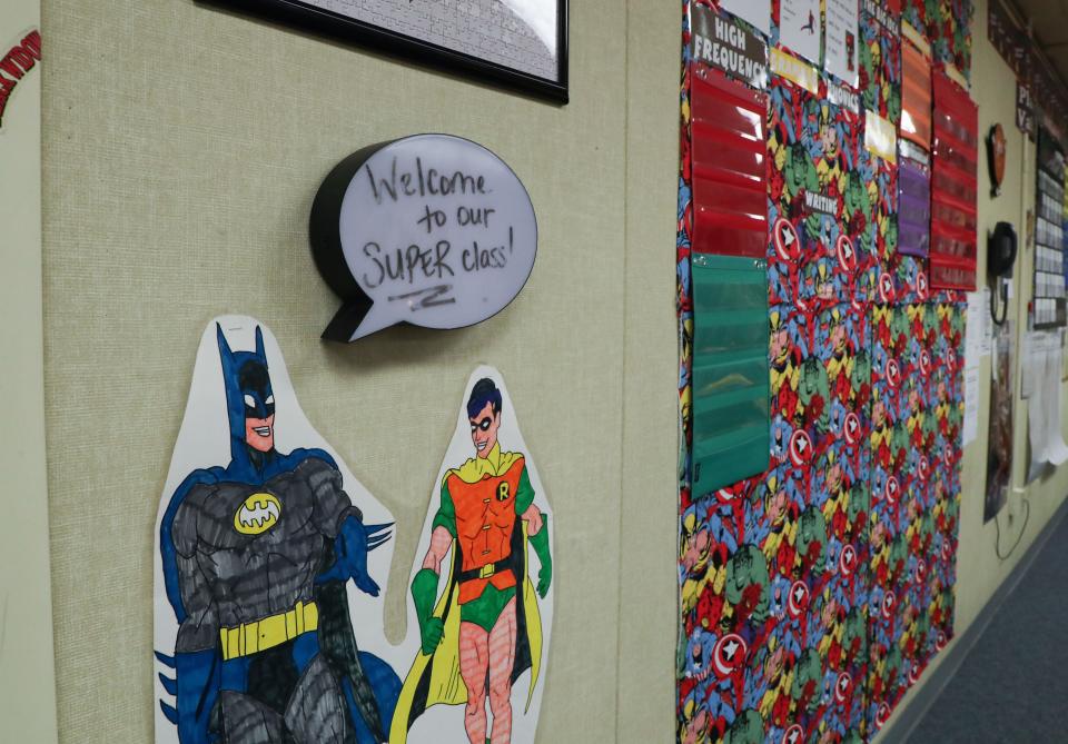 Caitlyn Peterson's fourth grade classroom is decorated with superhero memorabilia at Sunny Sands Elementary in Cathedral City, as seen Tuesday.