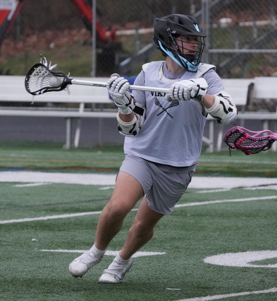 Junior Zach DiLauri as the new Parsippany Regional boys lacrosse team practices at Parsippany Hills HS on April 1, 2023.