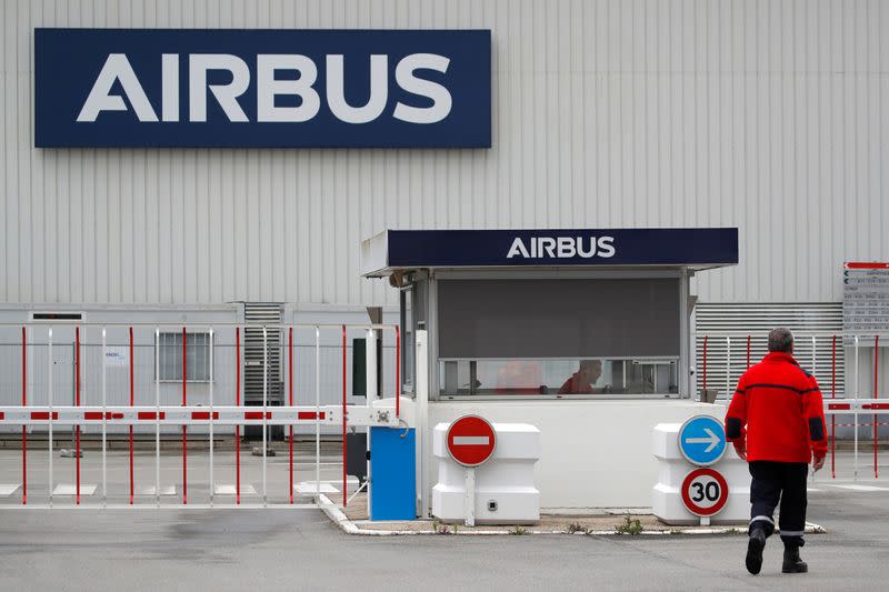 The logo of Airbus is pictured at the entrance of the Airbus facility in Bouguenais