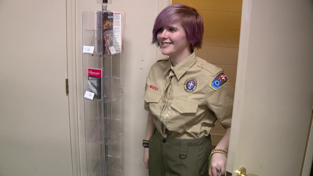 One of the newest members of Troop 339 shows off her new Scout uniform. (Photo: Screengrab from Fox35)