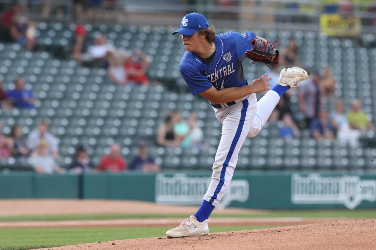 Lake Central's Griffin Tobias (1) throws a pitch during the IHSAA high school baseball Class 4A state final as the Lake Central Indians vs Mooresville Pioneers, Jun 15, 2024; Indianapolis, IN, USA; at Victory Field.