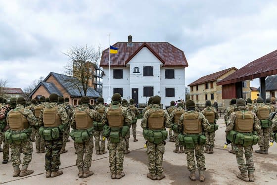 Ukrainian soldiers as they form up on the Parade Square on Feb. 22, 2023 ahead of the Service of Remembrance to mark a year since Russia’s invasion of Ukraine.<span class="copyright">Courtesy the U.K. Ministry of Defence</span>